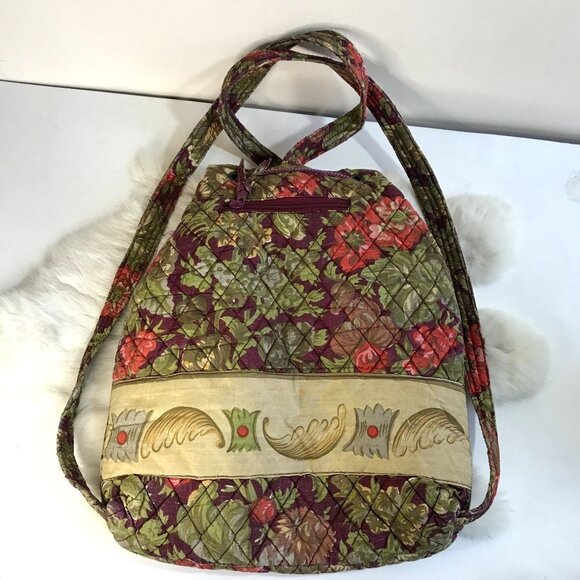 Vintage Quilted Cottagecore Fabric Drawstring Backpack 1990s Floral Bag Taupe main image 8